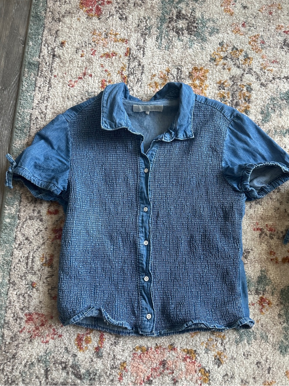 Zara Blue Textured Button-Down Short Sleeve Top